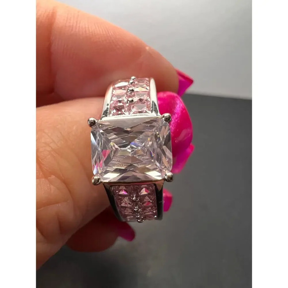 Pink and white CZ rhodium over sterling silver ring size 9 - Picture 5 of 10